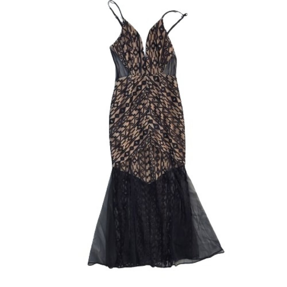 Luxxel Floor length Body Con Low cut, Sheer Evening Gown, Black, Small - Picture 5 of 16